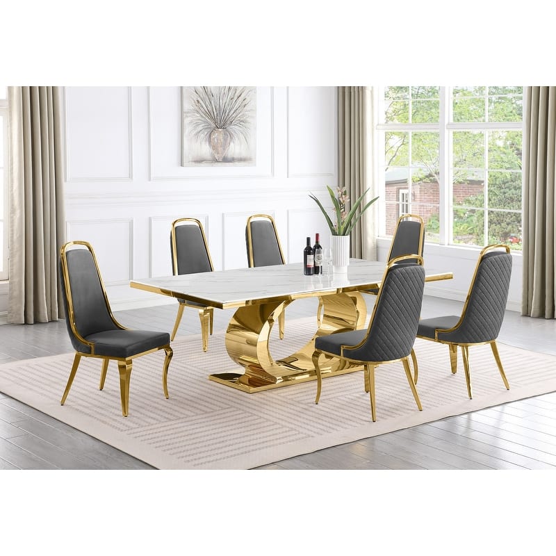 Best Quality Furniture D432/3-SC310-7 Dining Set with 87" White Marble Top - Dark Grey / Gold - 7-Piece