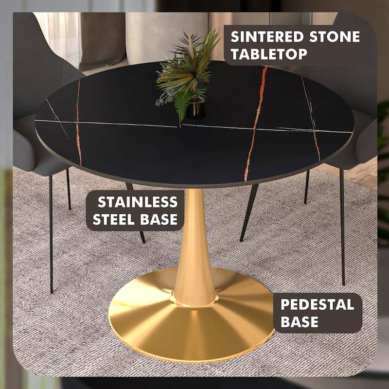 LeisureMod Round Dining Table 40" Sintered Stone Tabletop in Gold Steel Bistro Series
