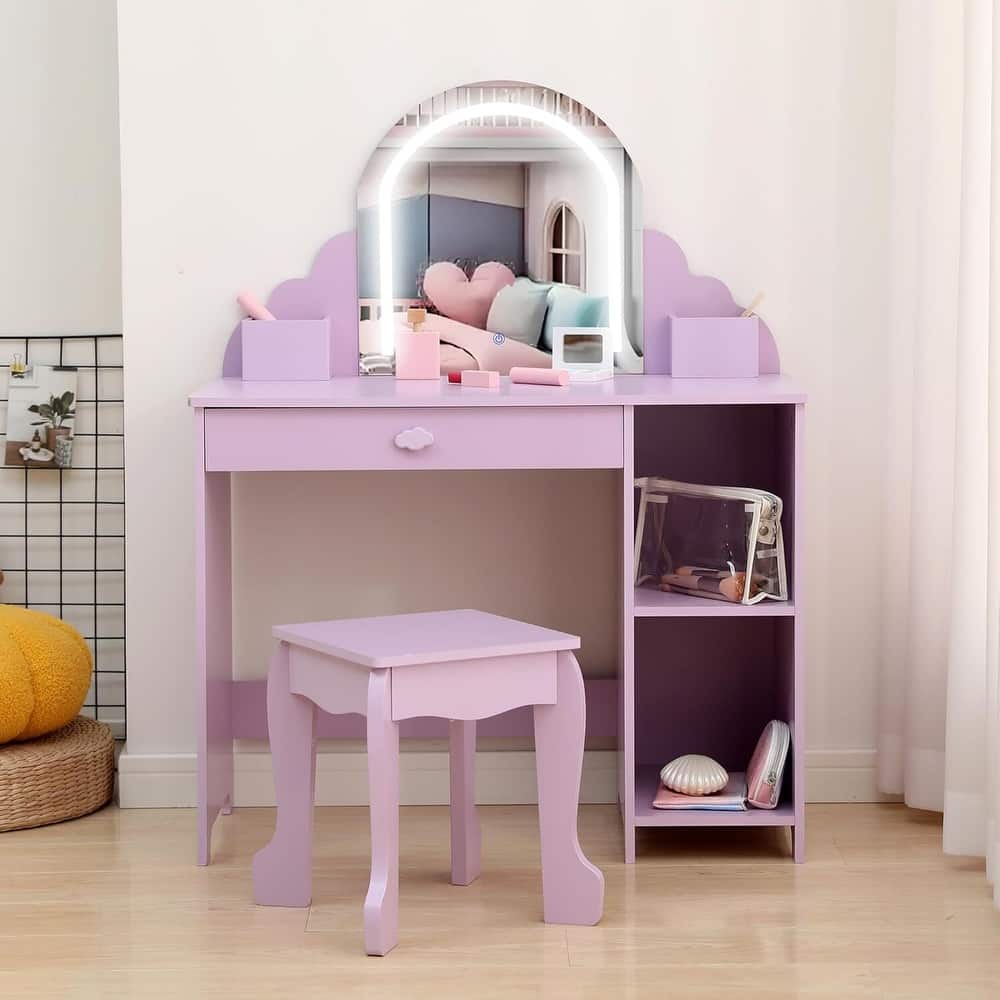 2 in 1 Kids Vanity Table & Stool with Lighted Mirror and Makeup Palyset