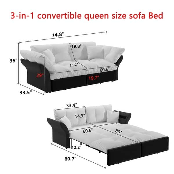 74.8" Queen Size Pull Out Sofa Bed 3-in-1 Convertible Sleeper Tufted Sofa with 2 Soft Pillows