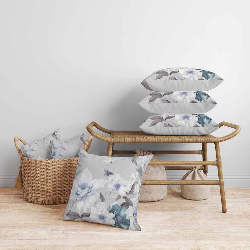 Leafy Lepidoptera Medley Faux Suede Reversible Throw Pillow Grey and Blue