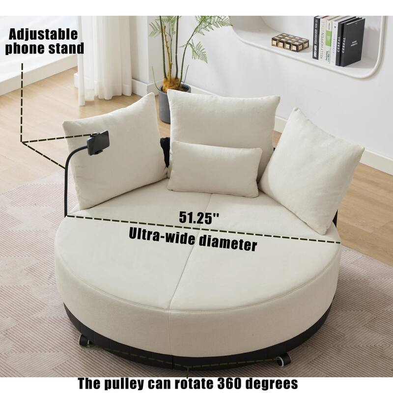 360° Swivel Barrel Chair Round Sofa Chair with Casters and Adjustable Phone Stand, Upholstered in Anti-Wrinkle Polyester Fabric