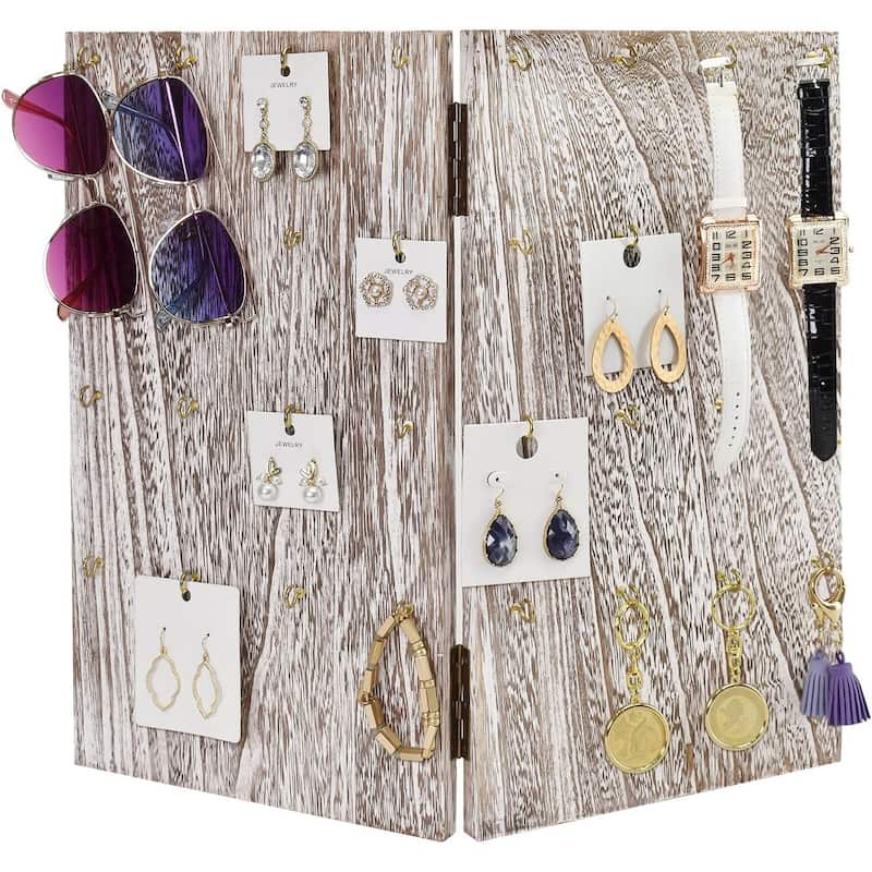 Wooden Foldable Panel Jewelry Display Stand with 32 Hooks - S