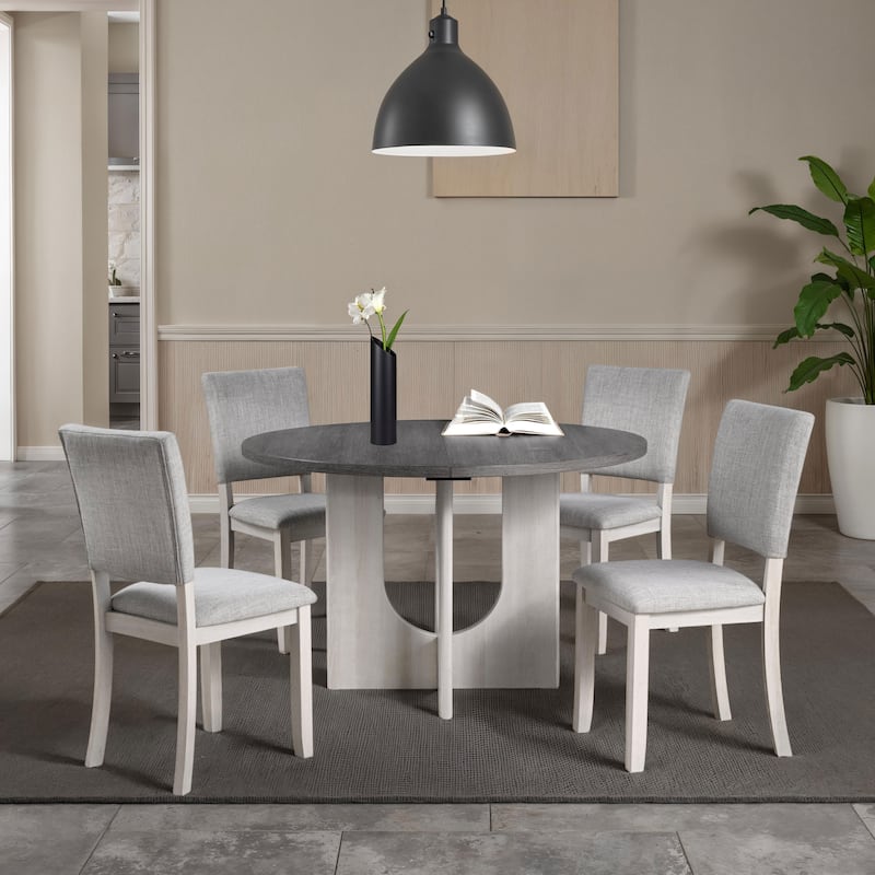 247 Shop At Home Briven Modern 5-Piece Solid Wood Grey Round Compact Dining Table Set - Grey