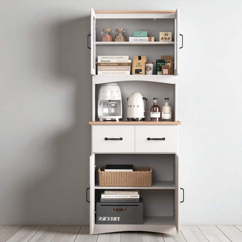White Wooden Kitchen Pantry Storage Cabinet with Glass Doors, Drawers, Adjustable Shelves and Countertop
