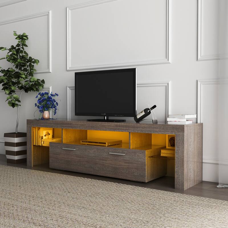 TV Stand with 3 Open Shelves, LED Color Changing Lights, Toughened Glass Shelf Floor Cabinet Floor TV Wall Cabinet