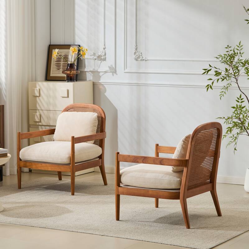 [Set of 2] 26.6" Mid-Century Modern Accent Chair with Light Brown Finish Solid Wood Frame and Rattan Backrest