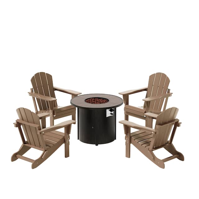 (4) Laguna Folding Adirondack Chairs with Fire Pit Table Set - Weathered Wood