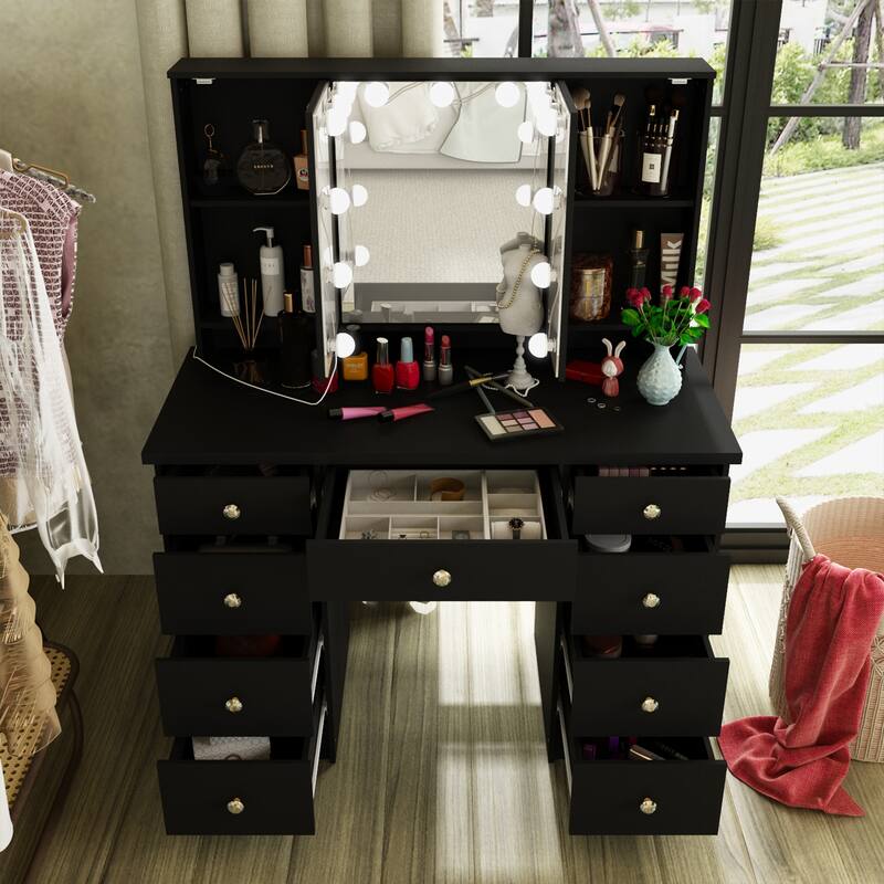3-Mirror Vanity Table Stylish 9-Drawer Makeup Organizer Dressing Desk - Black