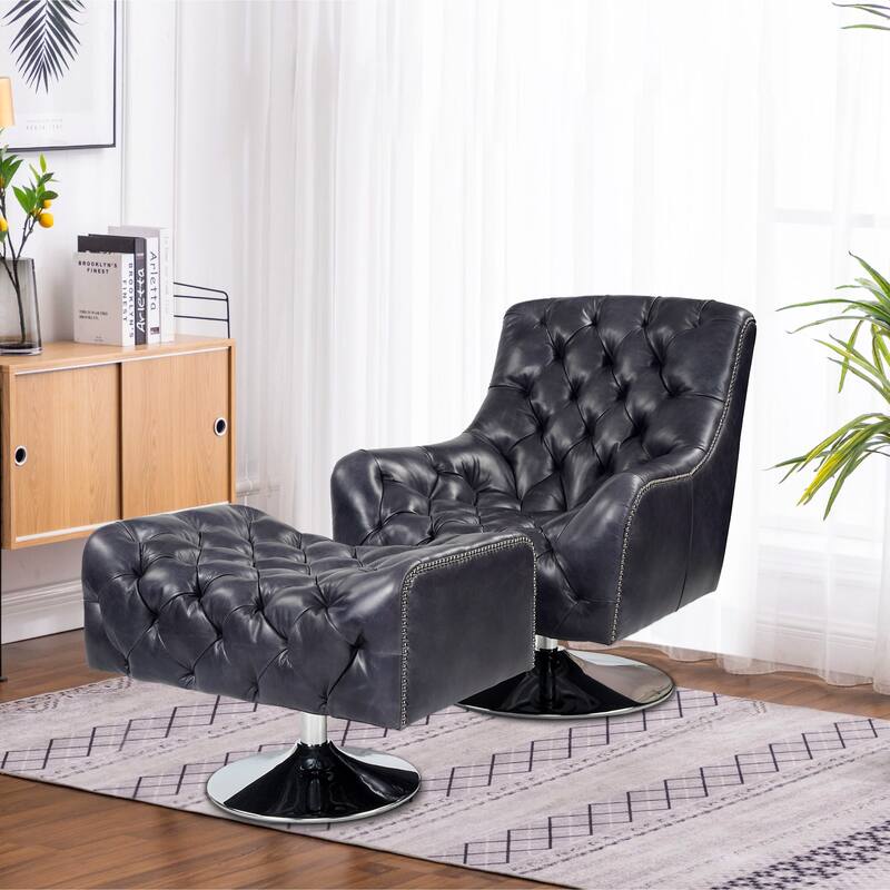 Genuine Leather Swivel Tufted Nailhead Accent Chair Top-grain Leather Lounge Chair and Ottoman Set