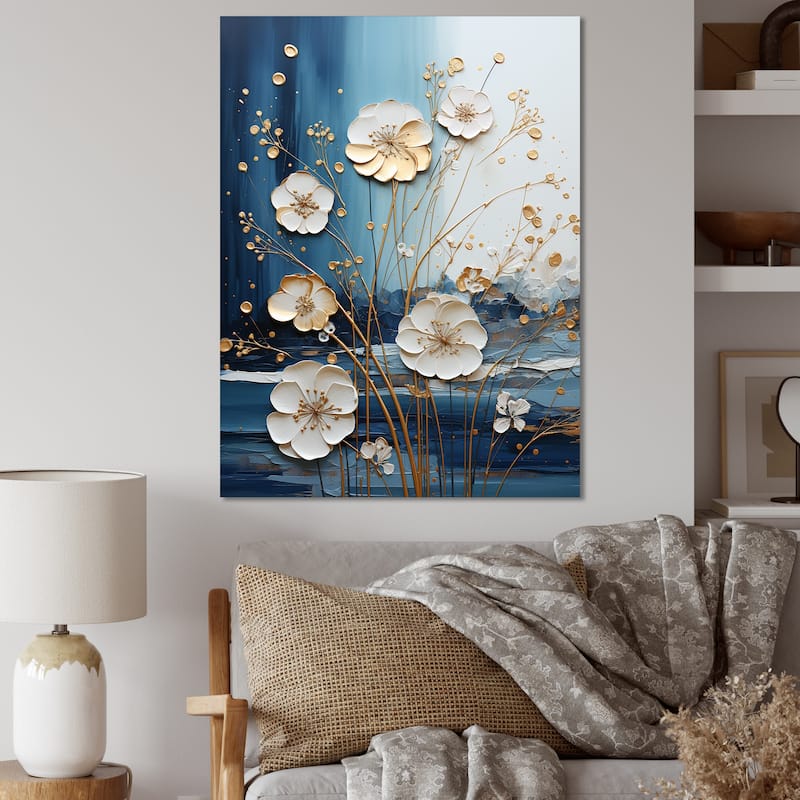 Designart "White And Blue Flower Liquid Ink V" Flowers Wall Décor White - Traditional Canvas Wall Art For Home