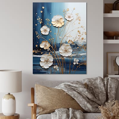 Designart "White And Blue Flower Liquid Ink V" Flowers Wall Décor White - Traditional Canvas Wall Art For Home