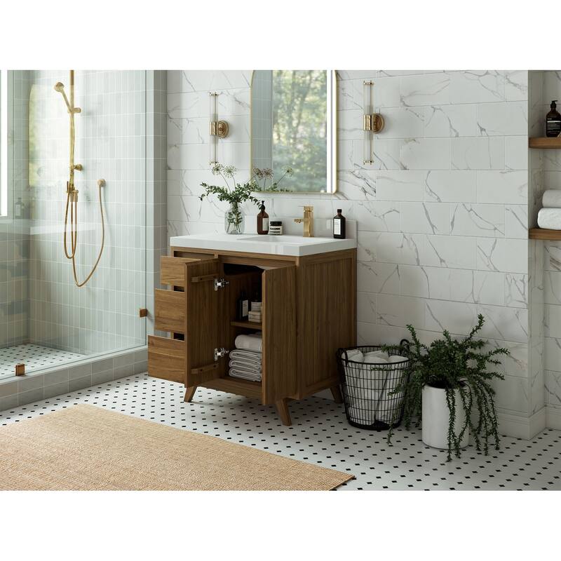 Willow Collections 36 in. W x 22 in. Madison Teak Single Right Offset Sink Bathroom Vanity with Countertop