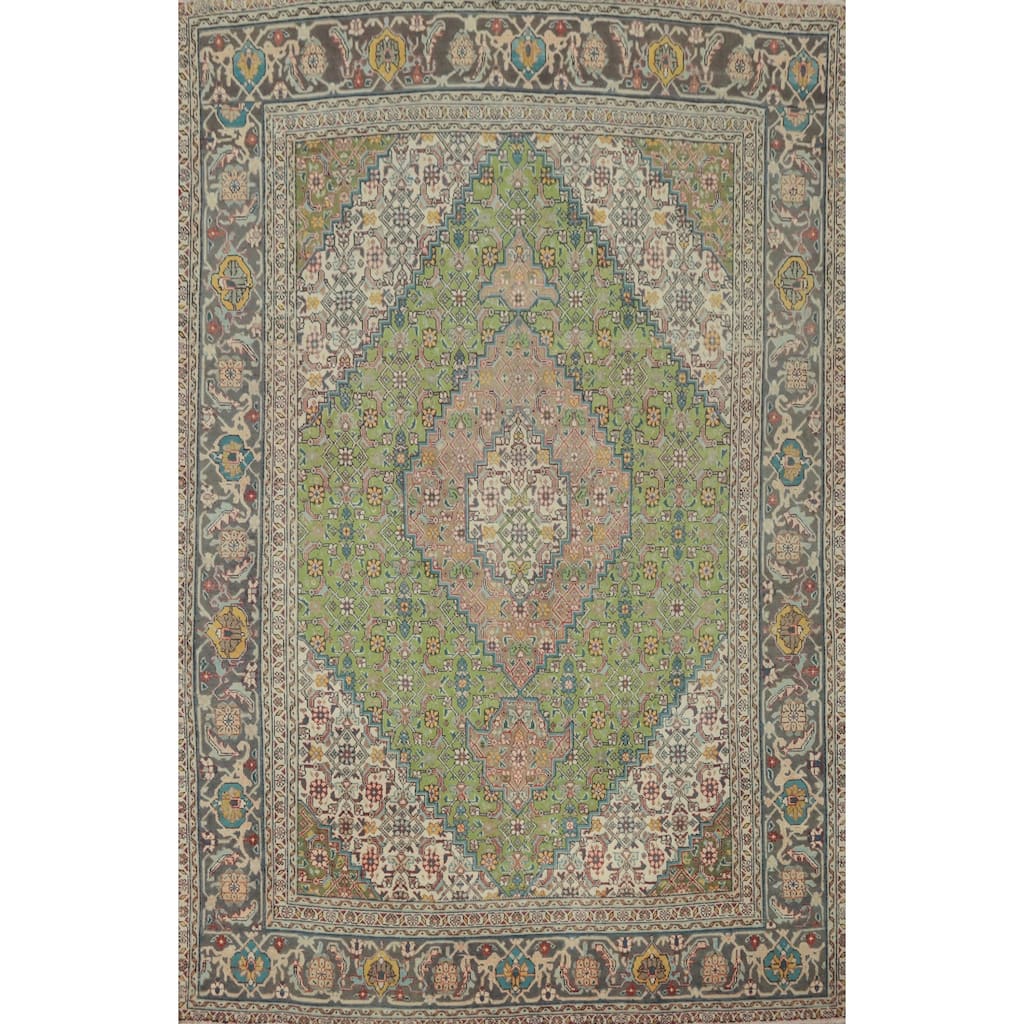 Hand Knotted Oriental 100% Wool Carpet Traditional Medallion Green Tabriz Area Rug - 9' 3'' X 6' 4''