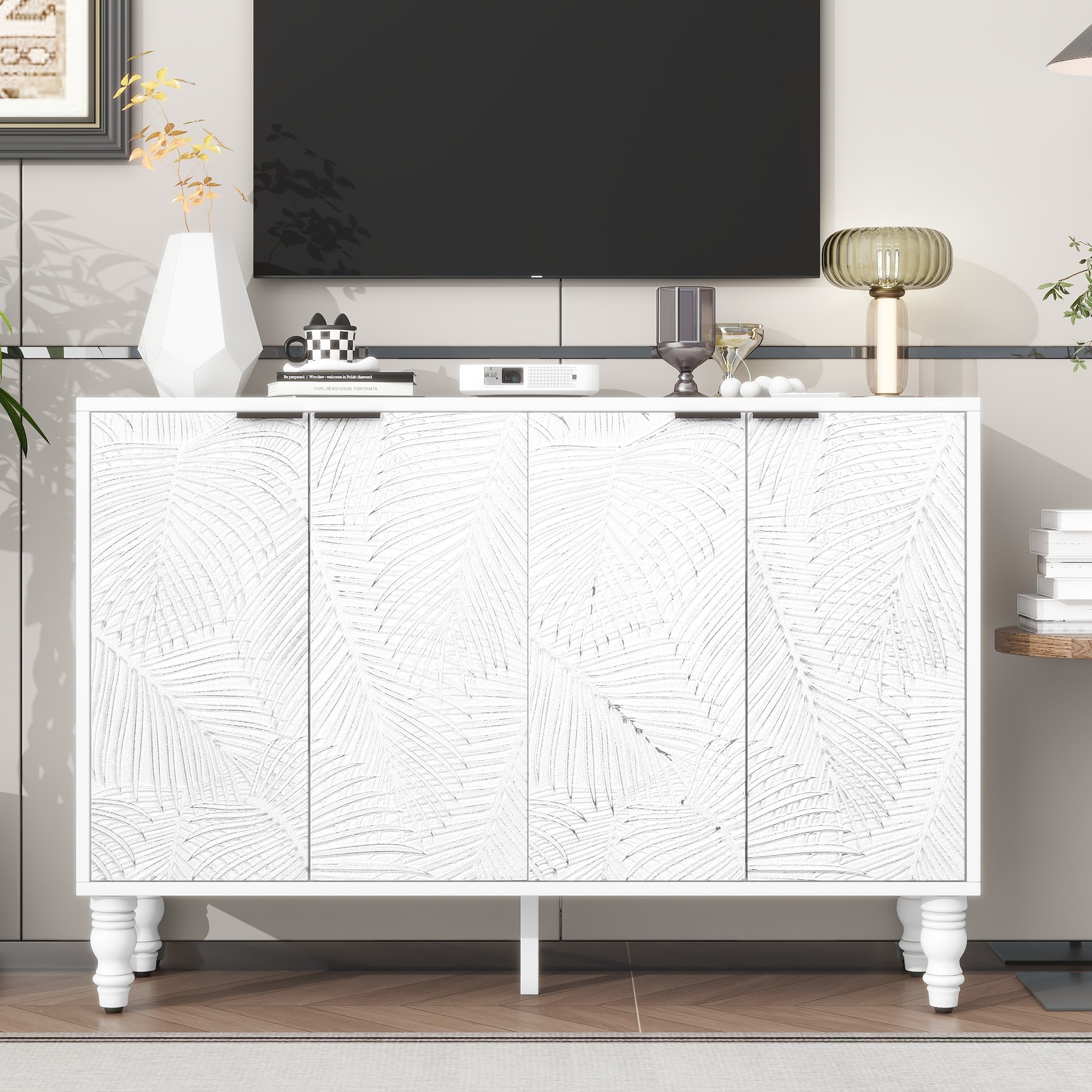 TV Stand with Leaf-Pattern Doors & Adjustable Shelves, Roman Column Legs