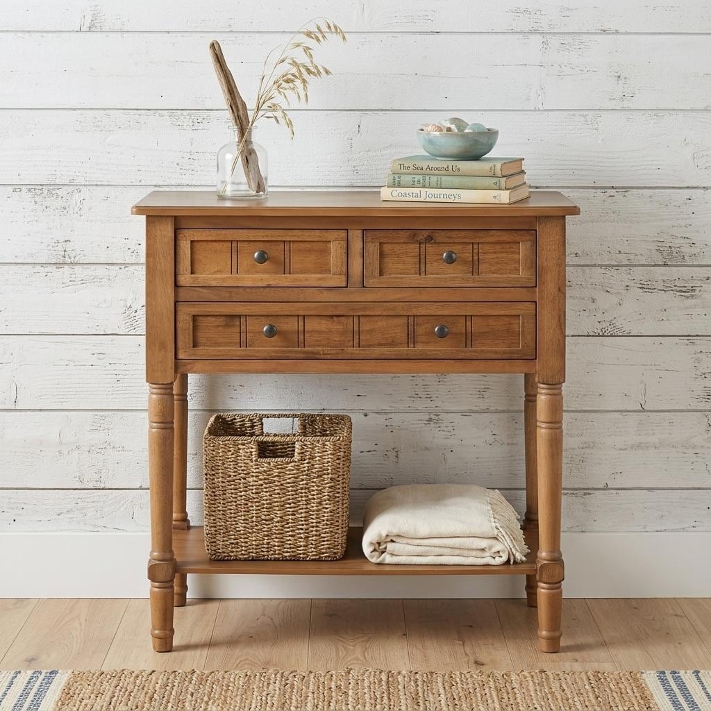 HomeRoots 24" Natural Solid Wood Distressed Console Table With Shelf And Three Drawers - 23.70 in. x 31.40 in. x 13.00 in.