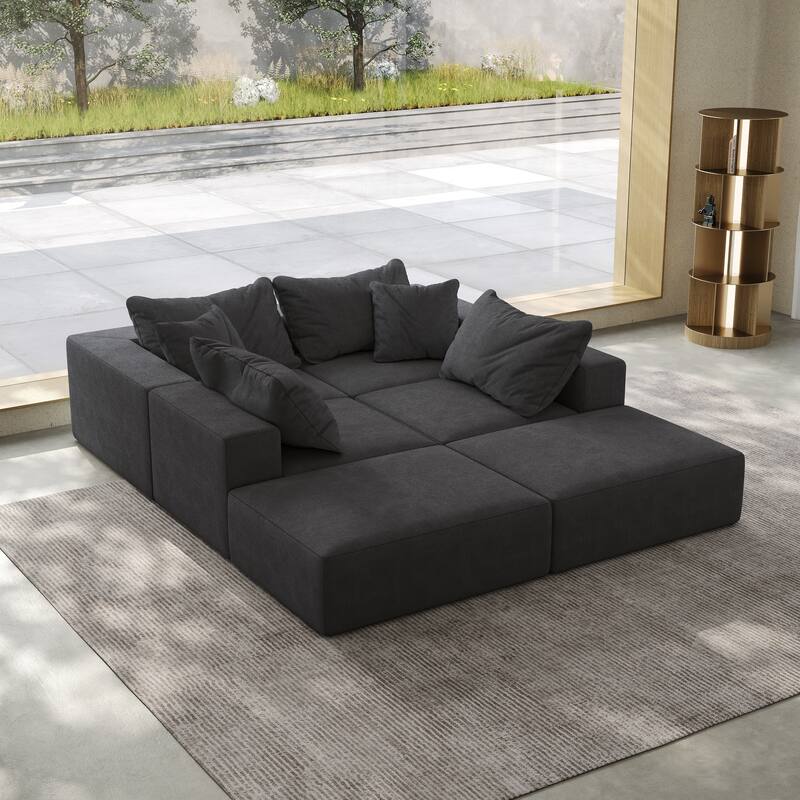 Floor Upholstered Sectional Sofa Modular L Shaped Couch Set with 6 Pillows and Ottomans, Living Room Sleeper Sofa Bed