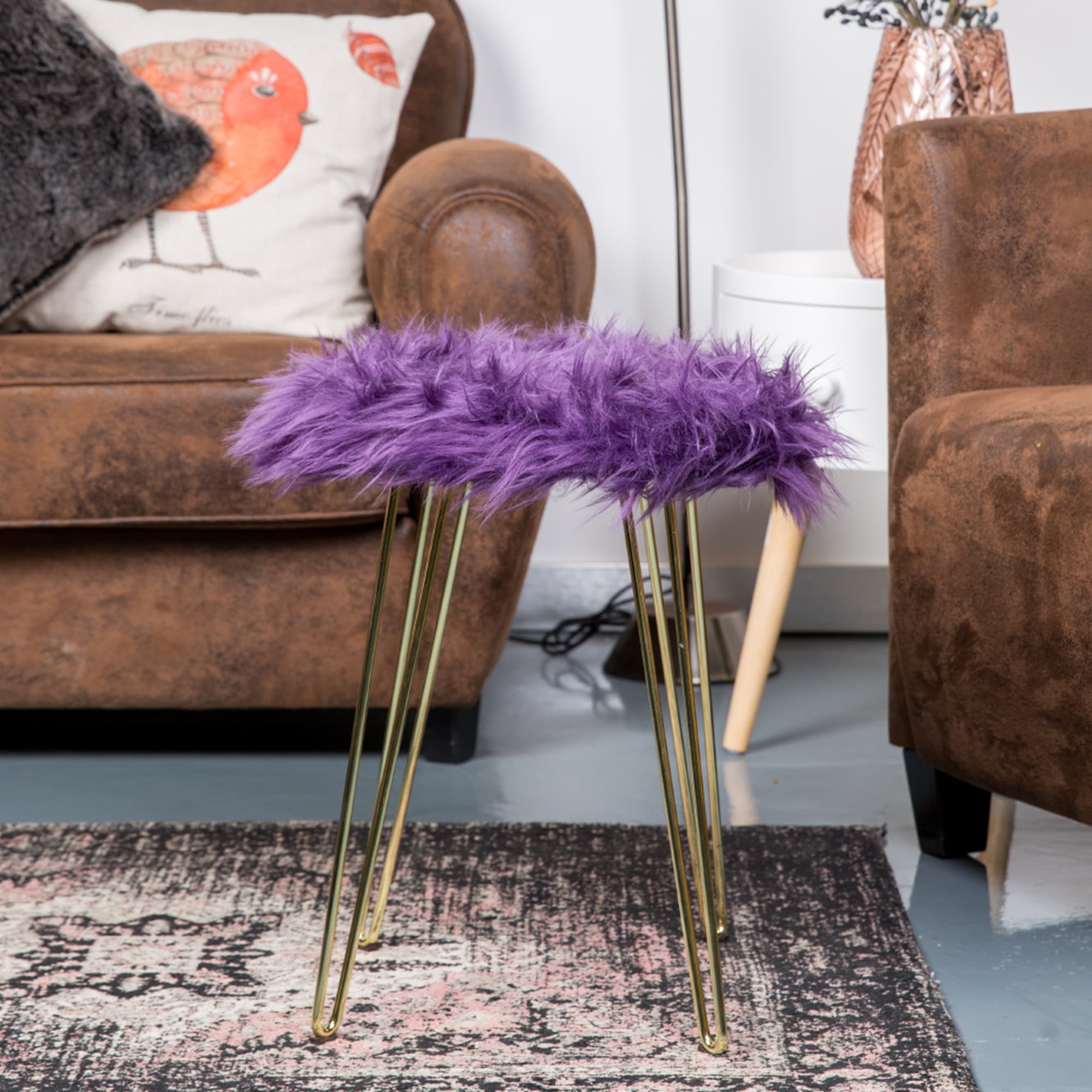 Fauxfur Foot Stool Vanity Chair with Golden Metal Legs Small