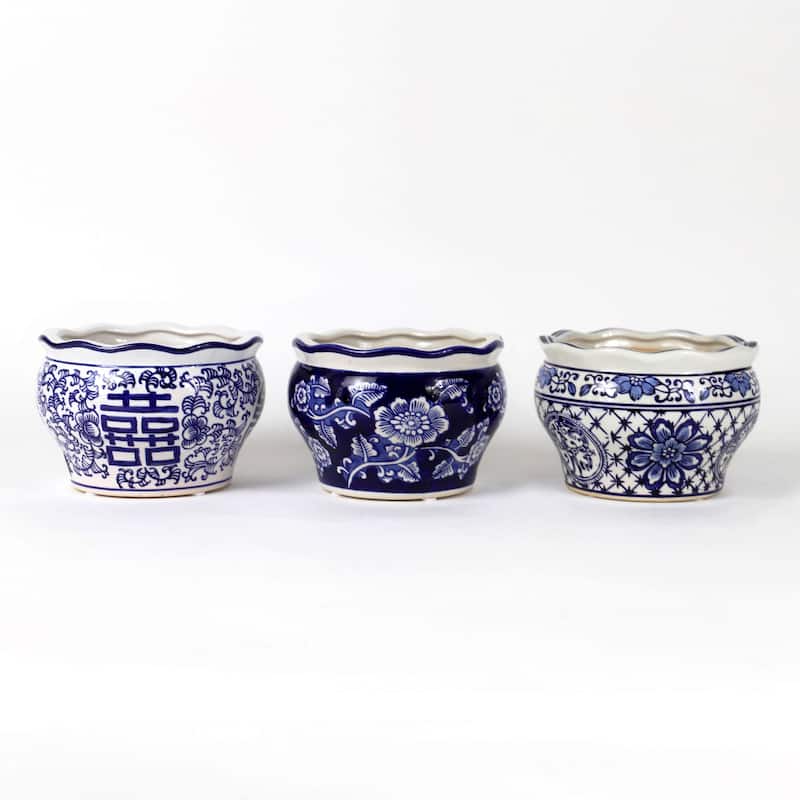 Euro Ceramica Blue and White Ceramic 3 Piece Terrace Garden Planter Set - 6 in. x 6 in. x 4.5 in. - Blue