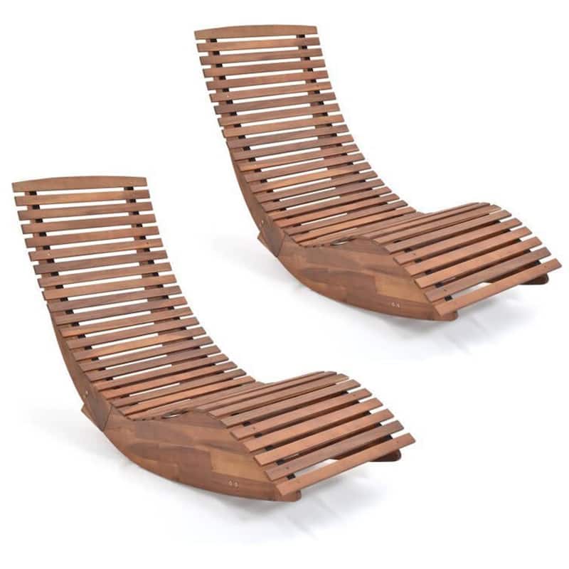 Gymax Set of 2 Acacia Wood Patio Chaise Lounge Chair Outdoor Rocking - Natural