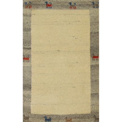 Hand Knotted Oriental 100% Wool Carpet Tribal Animal Pictorial Beige & Ivories Gabbeh Area Rug - 3' 1'' X 2' 0''