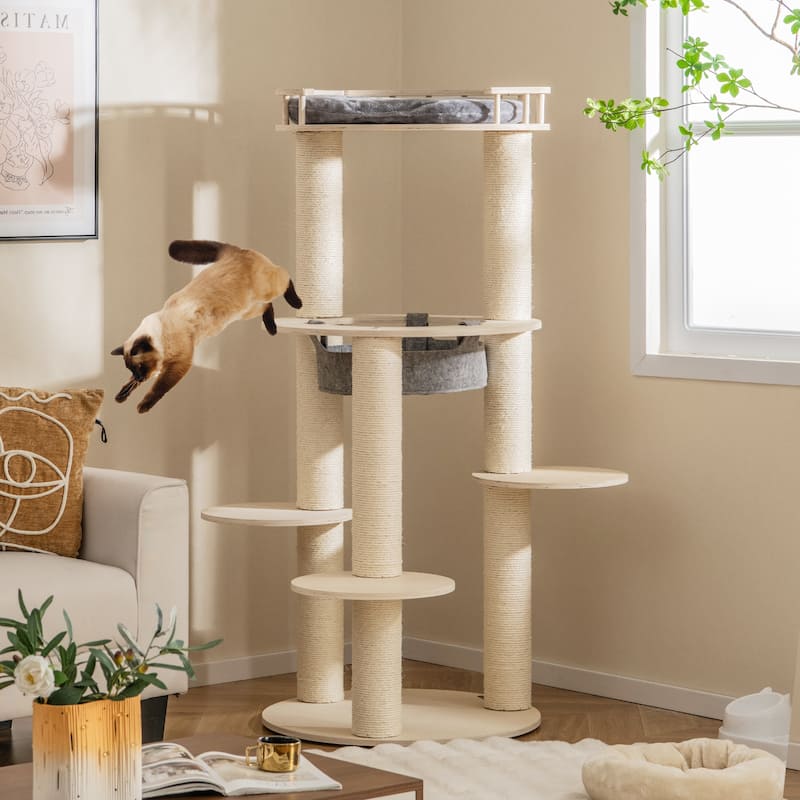 5-level Wooden Cat Tree with Padded Perch Non-woven Hammock - Grey-Natural
