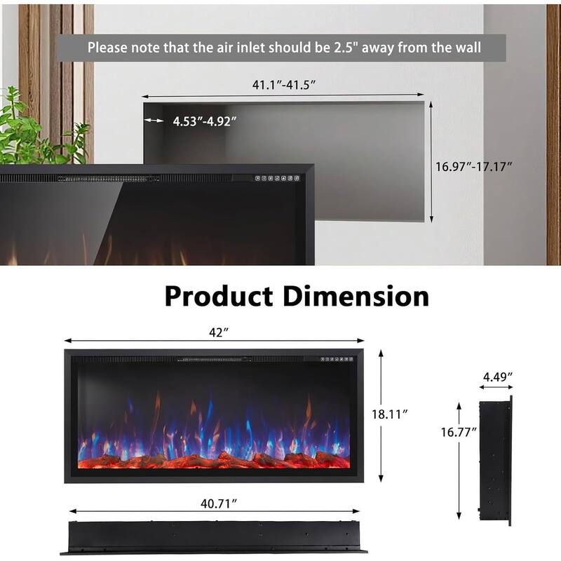 BOSSIN Recessed Wall Mount Electric Fireplace - Ultra-Narrow Frame, Low Noise, Remote w/Timer, Adjustable Flame Color & Speed