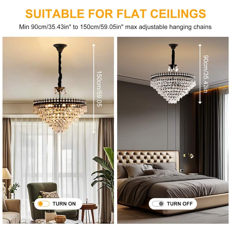 Vintage Crystal Chandelier Round Ceiling Pendant Lamp Hanging with Matt Black Iron Frame