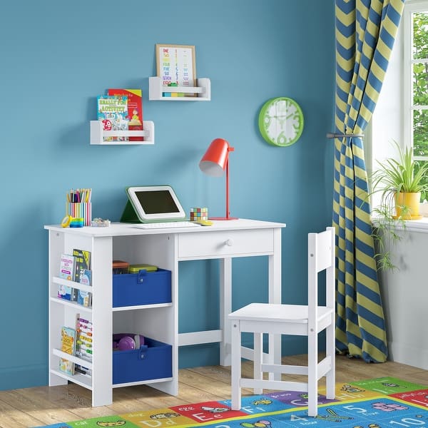 slide 2 of 11, RiverRidge Kids Desk and Chair Set with 2 Art Storage Cubbies, 2 Side Bookshelves, and 2 10" Floating Bookshelves- White