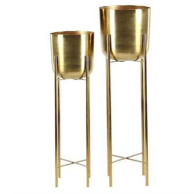 Large And Tall Contemporary Style Round Metallic Planters Set of 2