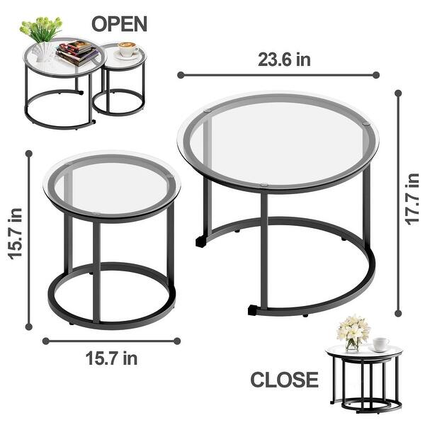Black Nesting Coffee Glass Table Set of 2, Metal Freme Side End Tables