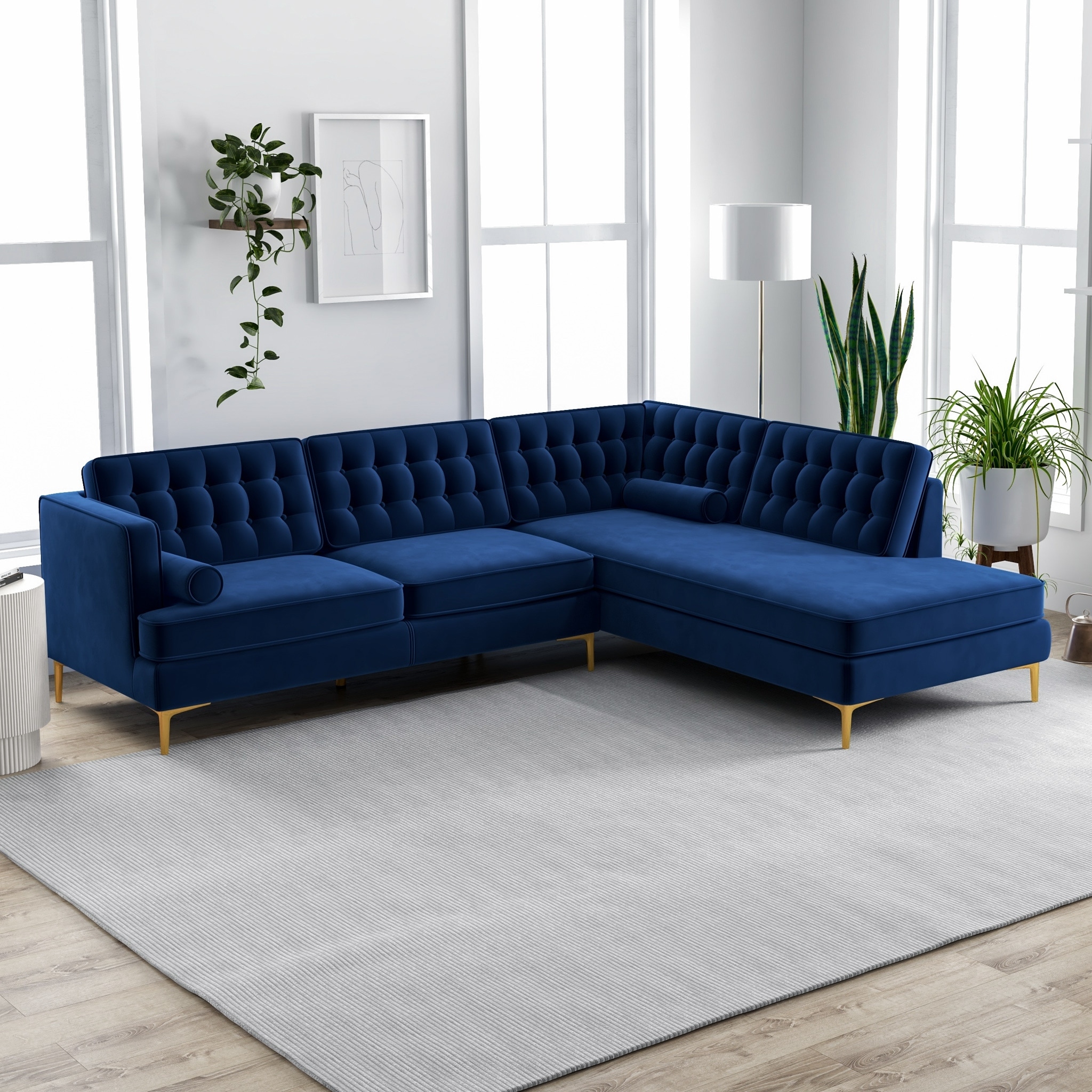 Caterine Navy Blue Velvet Tufted Modern Living Room Corner Sectional Couch On Sale Bed Bath Beyond 35732529