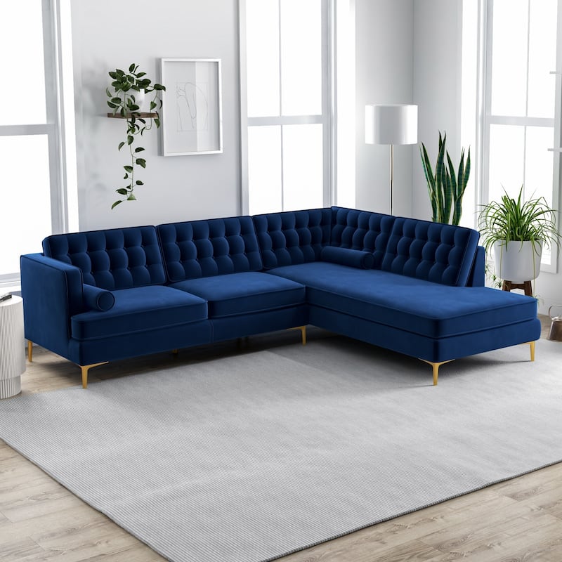 Caterine Navy Blue Velvet Tufted Modern Living Room Corner Sectional Couch