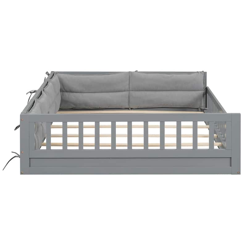 Wood Full Size Upholstered Platform Bed with Guardrail and Pillow
