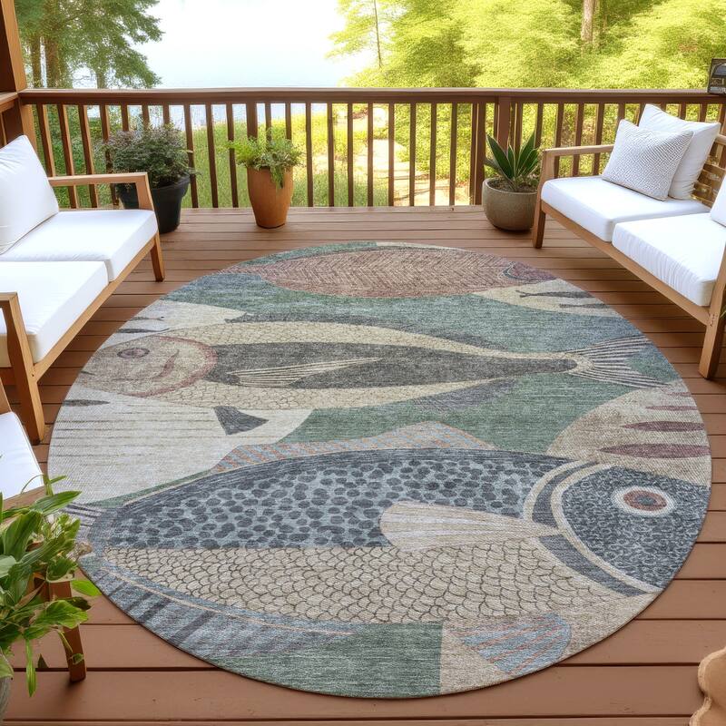 Machine Washable Indoor/ Outdoor Modern Fish Chantille Rug - Basil - 8' x 8'