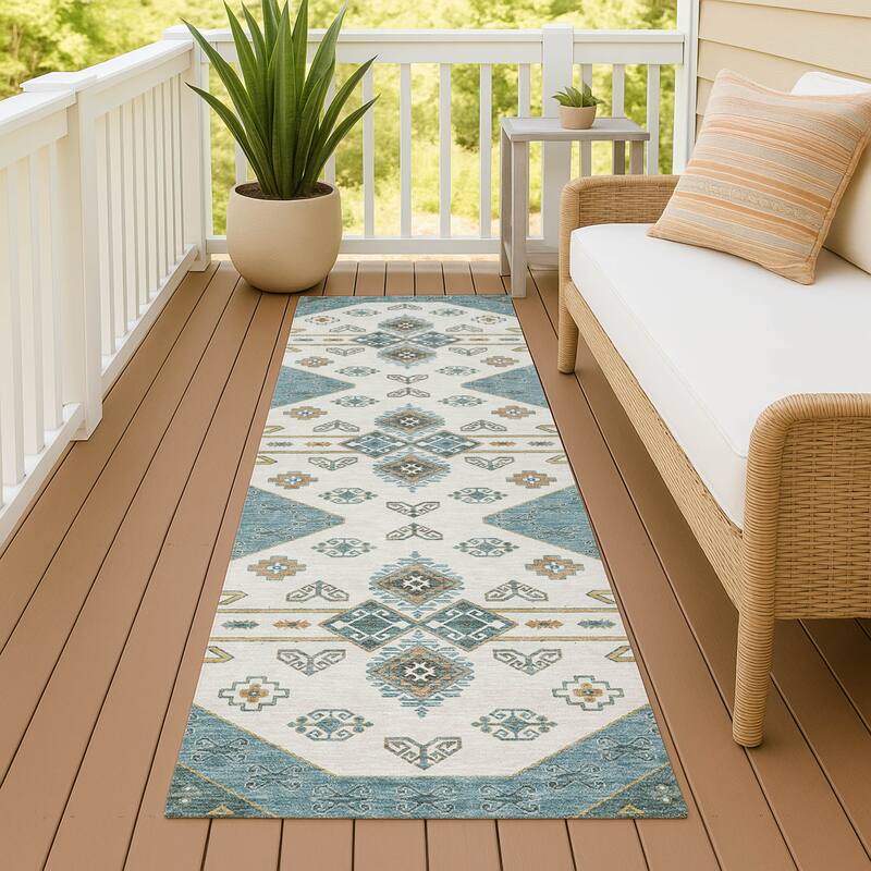 Machine Washable Indoor/ Outdoor Global Hiawatha Chantille Rug - Teal - 2'3" x 7'6"