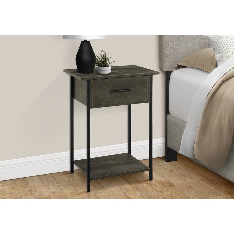Accent Table, 2 Tier, End, Lamp, Living Room, Side Table, Storage Drawer, Small, Dark Bronze Laminate, Black Metal, Contemporary