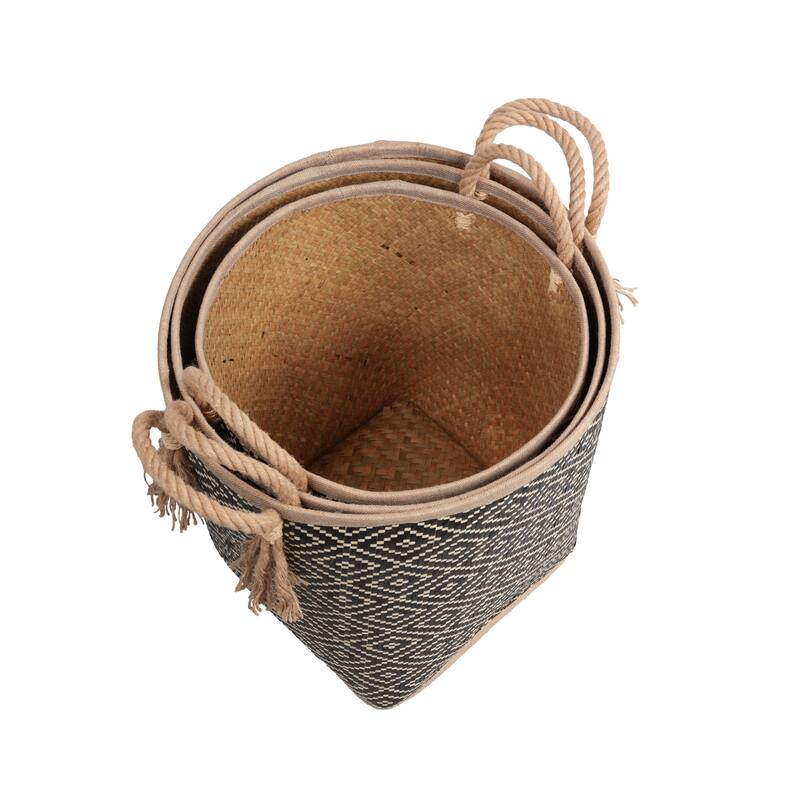 Celia Handwoven Palm Leaf Nesting Storage Baskets with Rope Handles (Set of 3)
