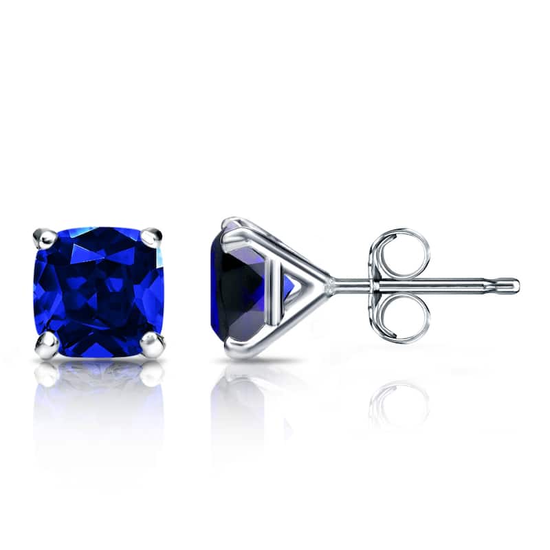 Auriya 14k Gold Lab Grown Gemstone Blue Sapphire Stud Earrings Cushion 0.25 to 5.00 ct. tw. 4-Prong Martini Push-Back - 4.50ct tgw. - White