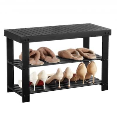 Black 2-Tier Wicker Shoe Storage Rack with Bench for Hallway Entryway or Mudroom - 27.6 x 11.3 x 17.8 Inch