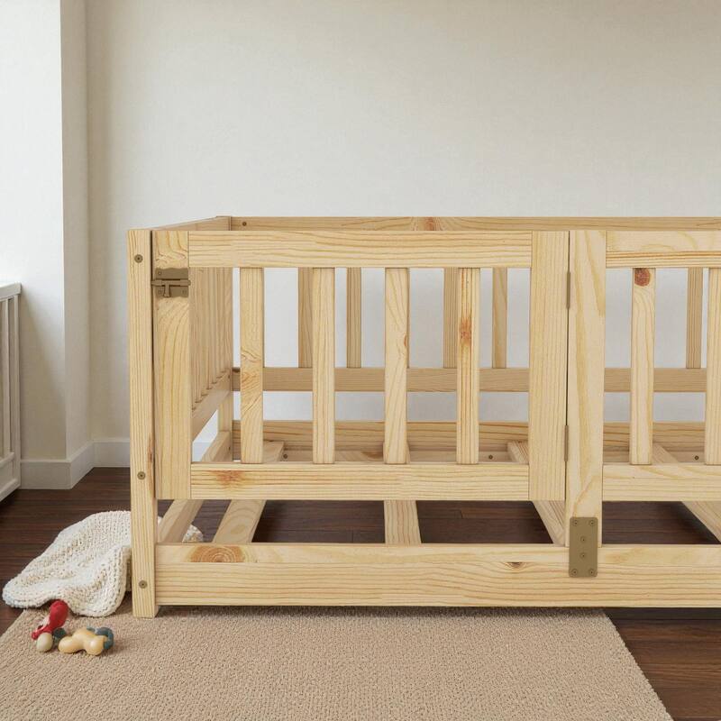 Twin/Full Montessori Floor Bed with Slats, Fence and Door, Wood Low Kids Bed for Girls and Boys, No Box Spring Needed