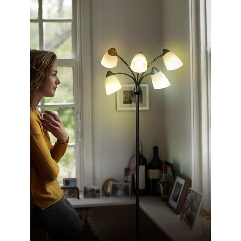 Brightech Medusa 74 in. Classic Black Modern 5-Light Height Adjustable Gooseneck LED Floor Lamp with 5 Multicolored Cone Shades