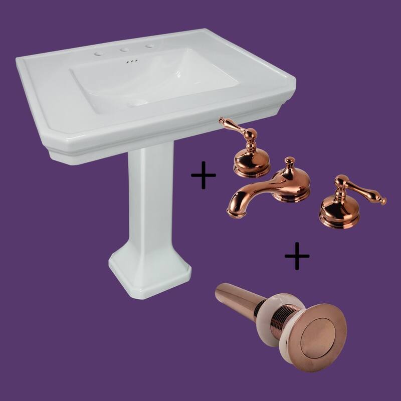 Victorian 32" Pedestal Sink Wall Mounted White Bathroom Sink with Rose Gold Plated Brass 8" Widespread Faucet, Drain and P-Trap