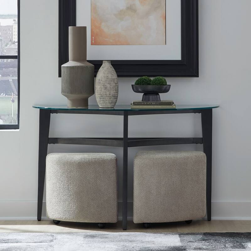 Liberty Furniture Capri Glass Top Sofa Table, Optional Upholstered Ottoman Seats - Sofa Table, 2 Upholstered Ottomans