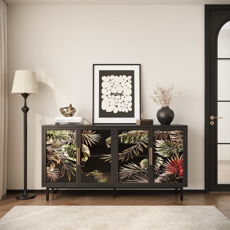 60.3" 4-Door Buffet Sideboard Cabinet, Glazed Art Storage Console