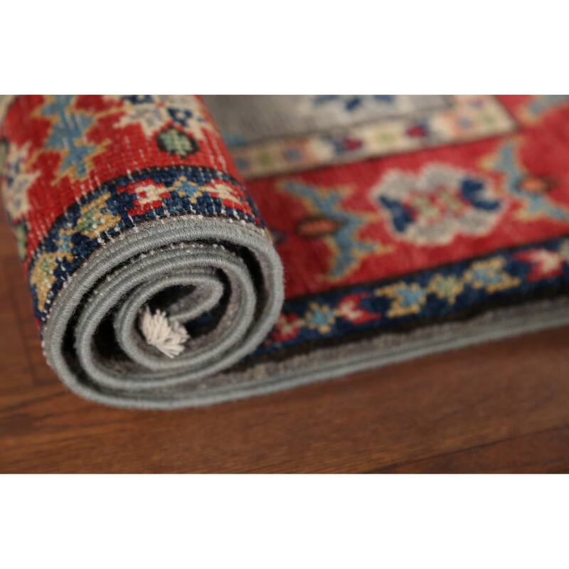 Geometric Kazak Oriental Accent Rug Handmade Grey Wool Carpet - 2'0"x 2'11"