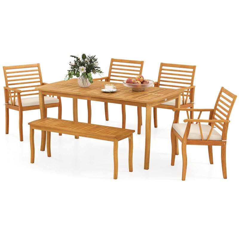Costway 6 PSC Patio Dining Set Acacia Wood Table and Bench Chairs with - See Details
