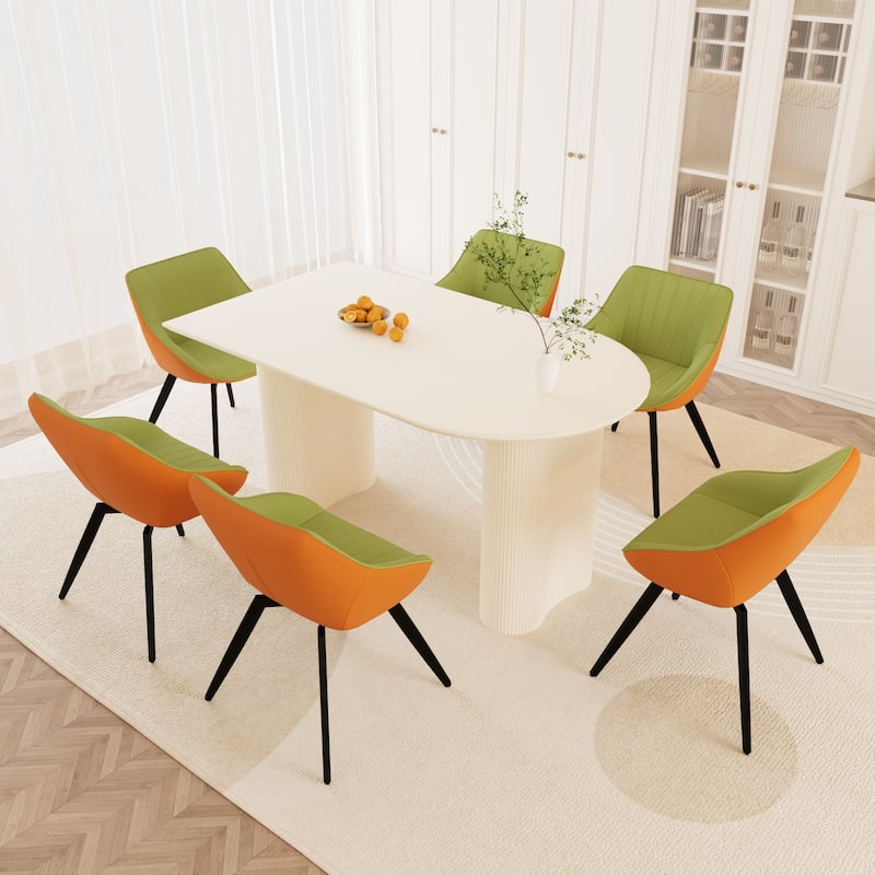 Modern Round Dining Table Set with Carved Legs and PU Leather Chairs, 7-Piece Kitchen Table Set for 4 for Dining Room