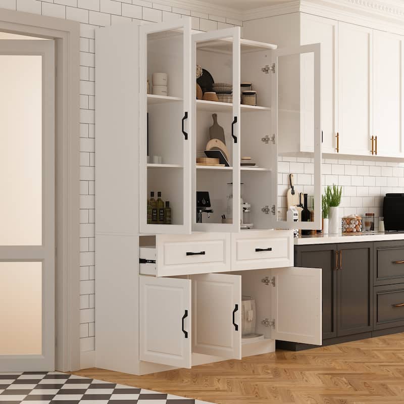 78.7"Modular White Curio Bookcase Cabinet w/Glass Doors Buffet Display