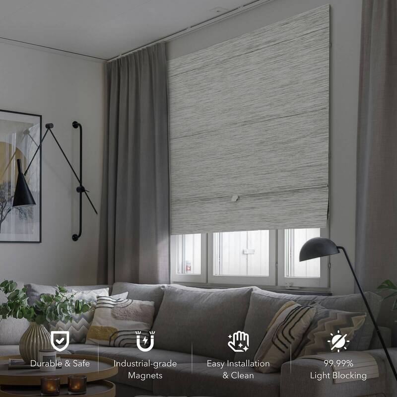 GoDear Design 99.99% Blackout Magnetic Roman Shades, No Drill Cordless Woven Fabric Blinds-Multiple Widths Available, Ivory - Ivory-23''W